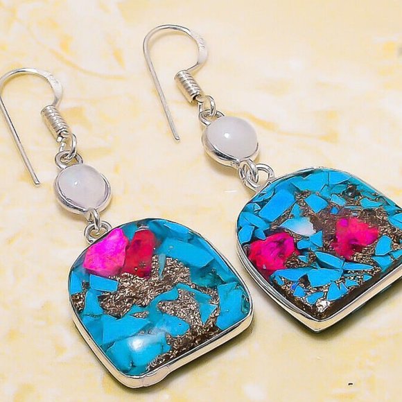 Jewelry - NEW Spiny Oyster Moonstone Gemstone Handmade Gift Jewelry Earrings 1.97" Silver